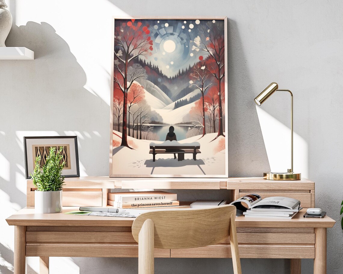 Winter Lakeview Folk Art Print Christmas Painting Artwork Christmas Winter Wall Art Xmas Holiday Decor For Home Snowy Holiday Poster - Image 4