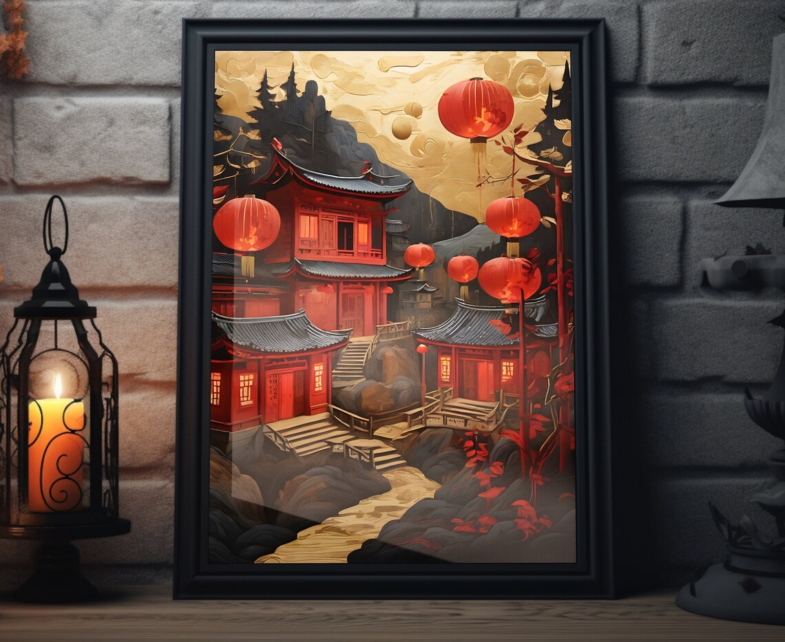 Chinese New Year Red Lanterns Golden Moon Mountain Art Poster