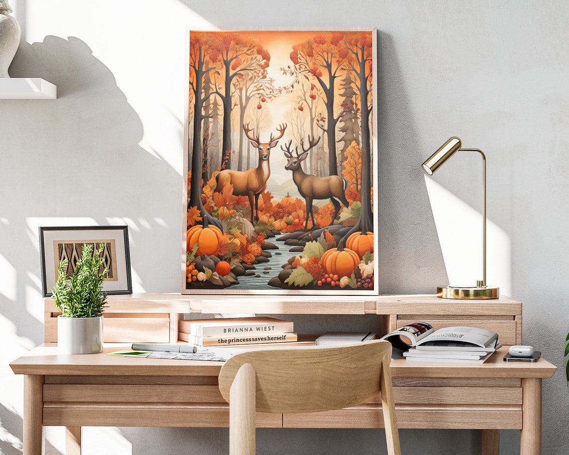Two Deer Autumn Forest Stream Pumpkins Fall Foliage Art Poster - Image 4