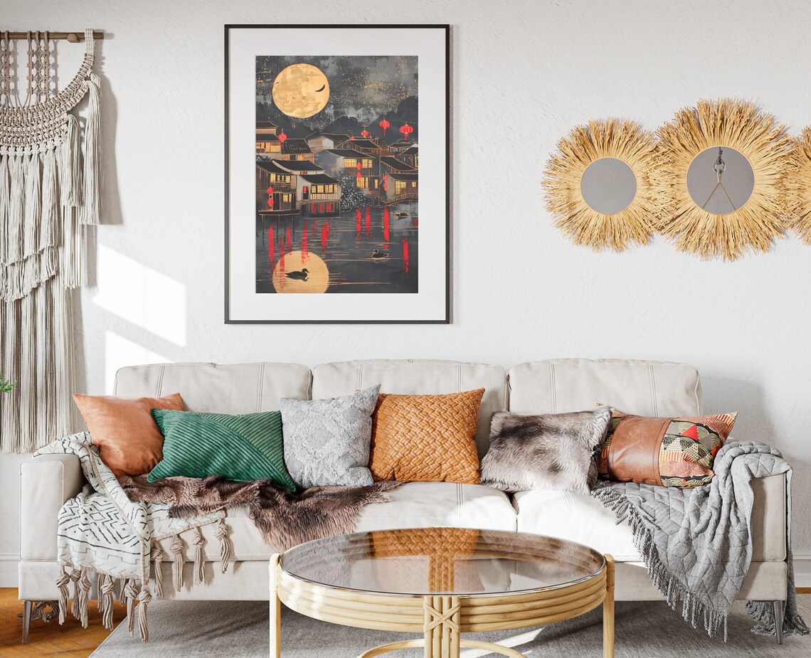 Chinese Red Lanterns Full Moon Riverside Town Night Art Poster - Image 2