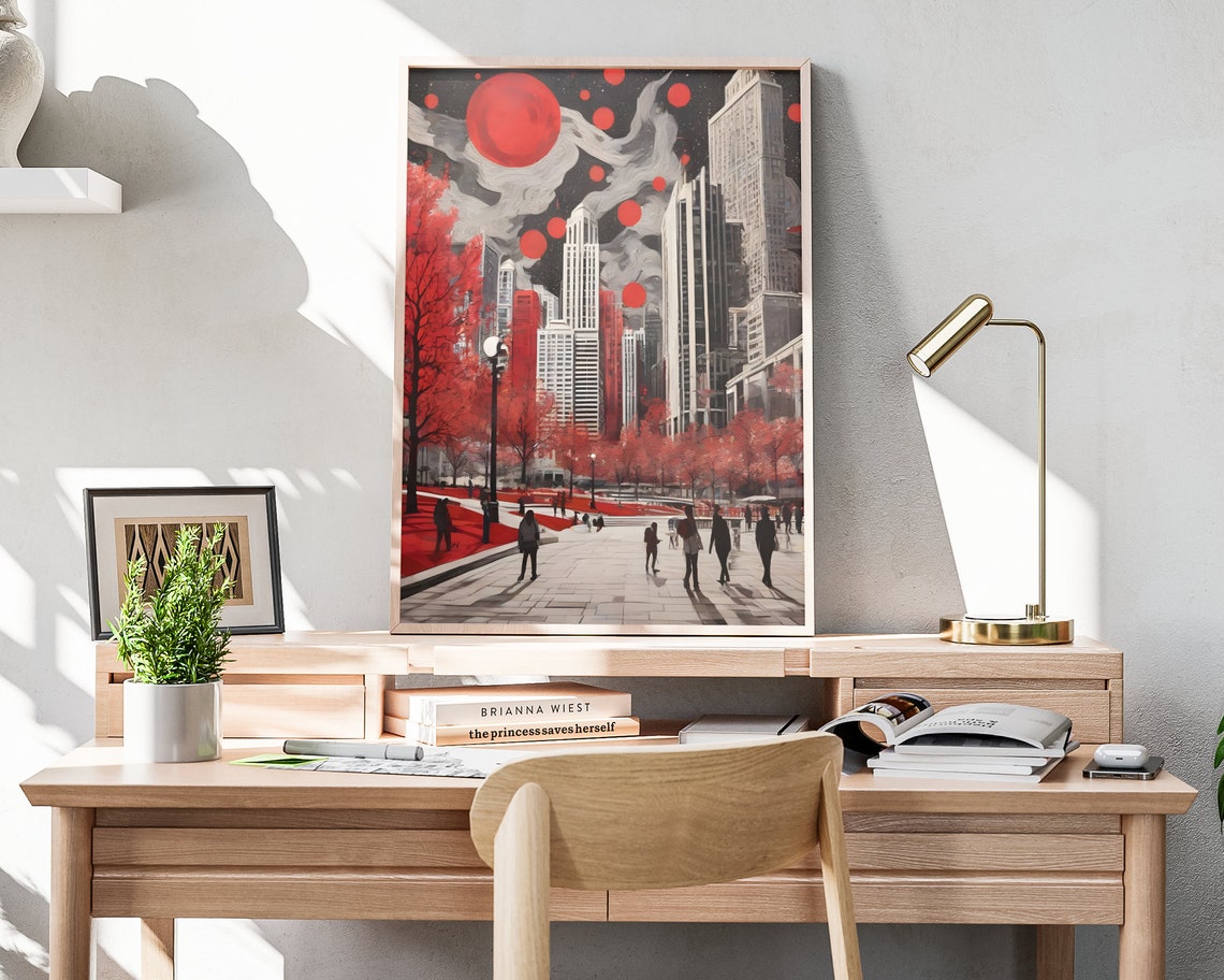 Chicago Downtown Autumn Trees Red Sky Starry Dusk Skyline Art Poster - Image 3
