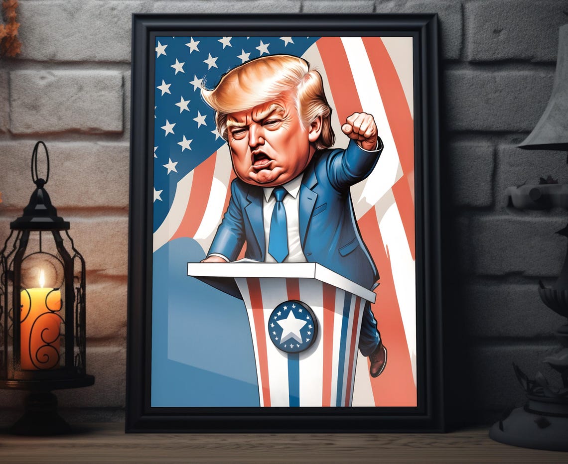 Donald Trump Caricature Art Print Maga Painting Artwork Trump Fist Pump Wall Art Make America Great Again Decor President Trump Poster