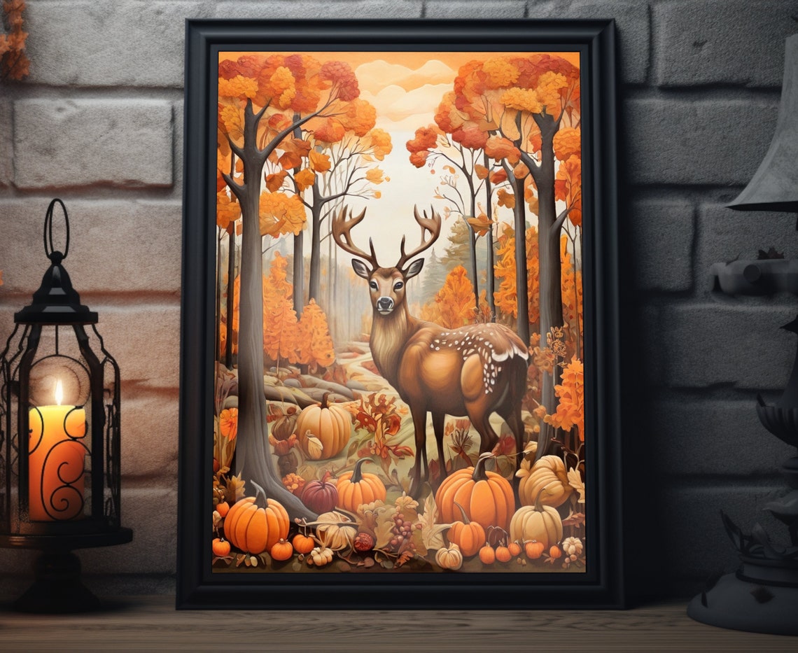 Majestic Stag Autumn Forest Pumpkins Harvest Fall Folk Art Poster