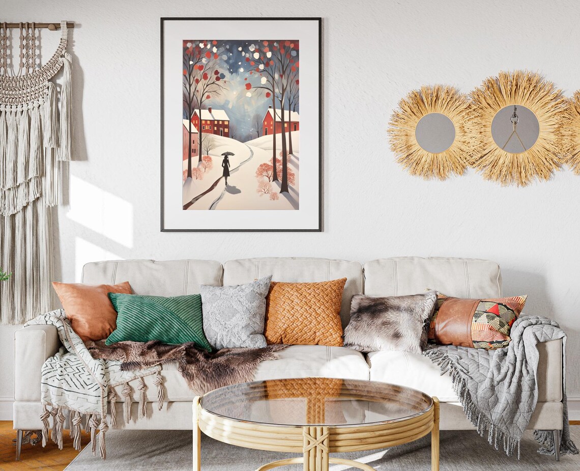 Winter Countryside Woman Umbrella Snowy Path Red Barns Folk Art Poster - Image 2