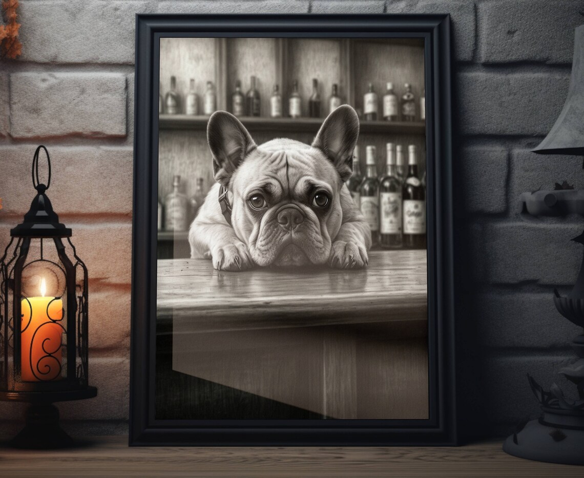 French Bulldog Puppy Resting On Vintage Bar Sepia Wall Art Poster