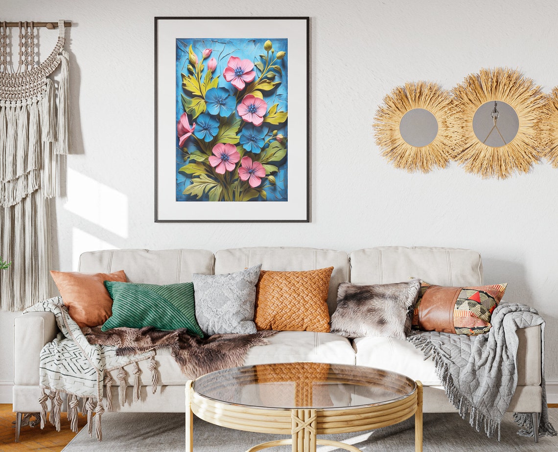 Blue Floral Sculpted 3D Flowers Textured Spring Botanical Poster - Image 2