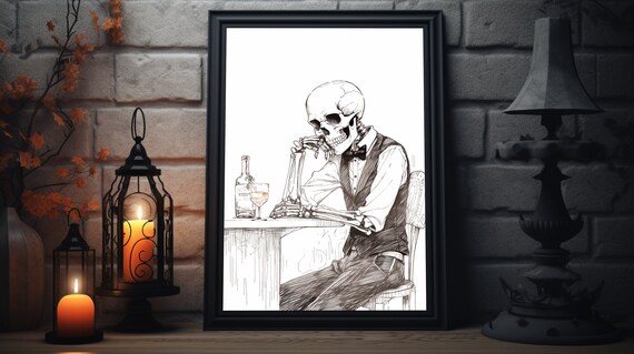 Skeleton Suit Wine Bar Sketch Black White Halloween Art Poster