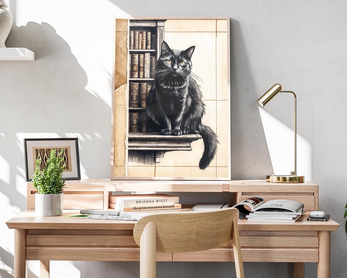 Black Cat Sitting On Vintage Library Bookshelf Sketch Art Poster - Image 4