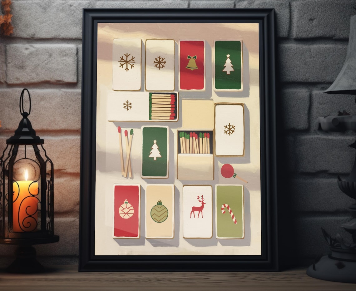 Festive Christmas Matchbox Covers Grid Folk Art Holiday Poster