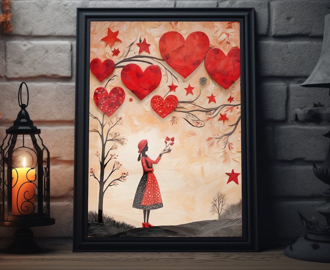 Valentine Girl Catching Hearts Heart Tree Love Folk Art Poster