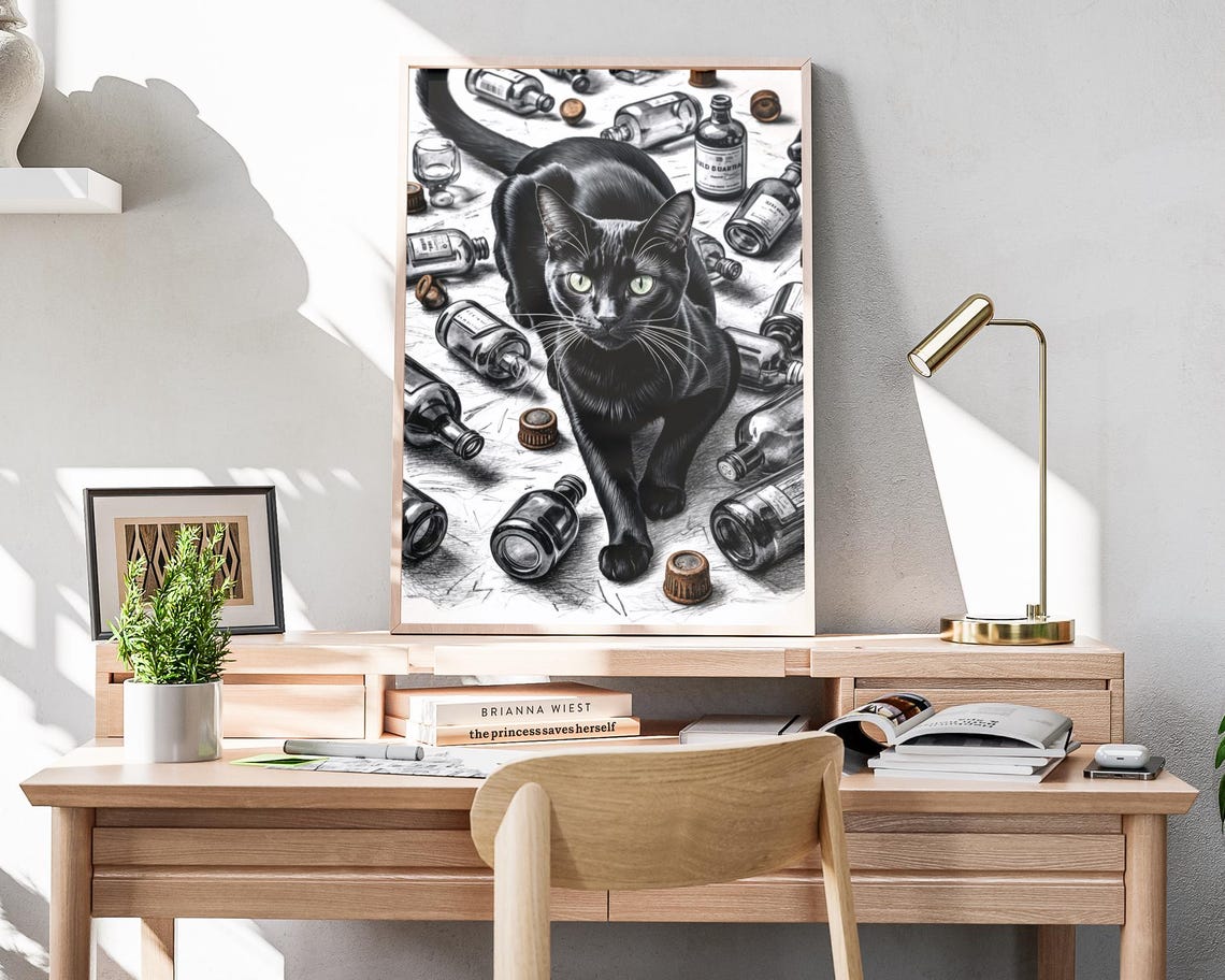 Black Cat Strolling Through Vintage Bottles Bar Sketch Art Print - Image 4
