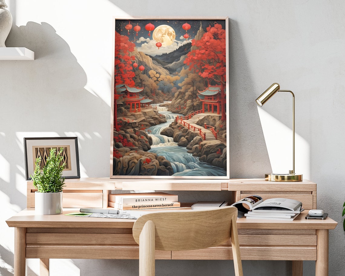Red Lanterns Full Moon Pagodas Waterfall Lunar New Year Poster - Image 4