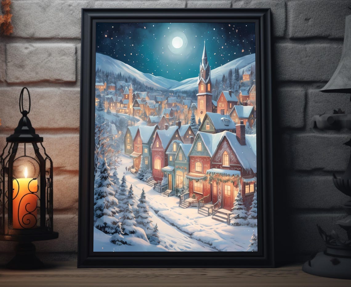 Winter Village Under Moonlight Glowing Church Night Art Poster