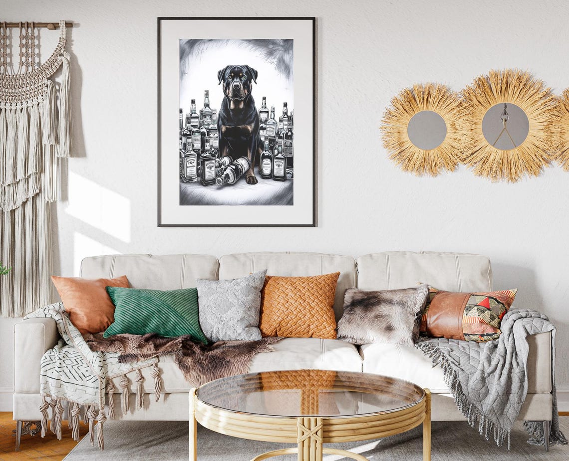 Rottweiler Sitting Among Whiskey Bottles Black White Sketch Poster - Image 2