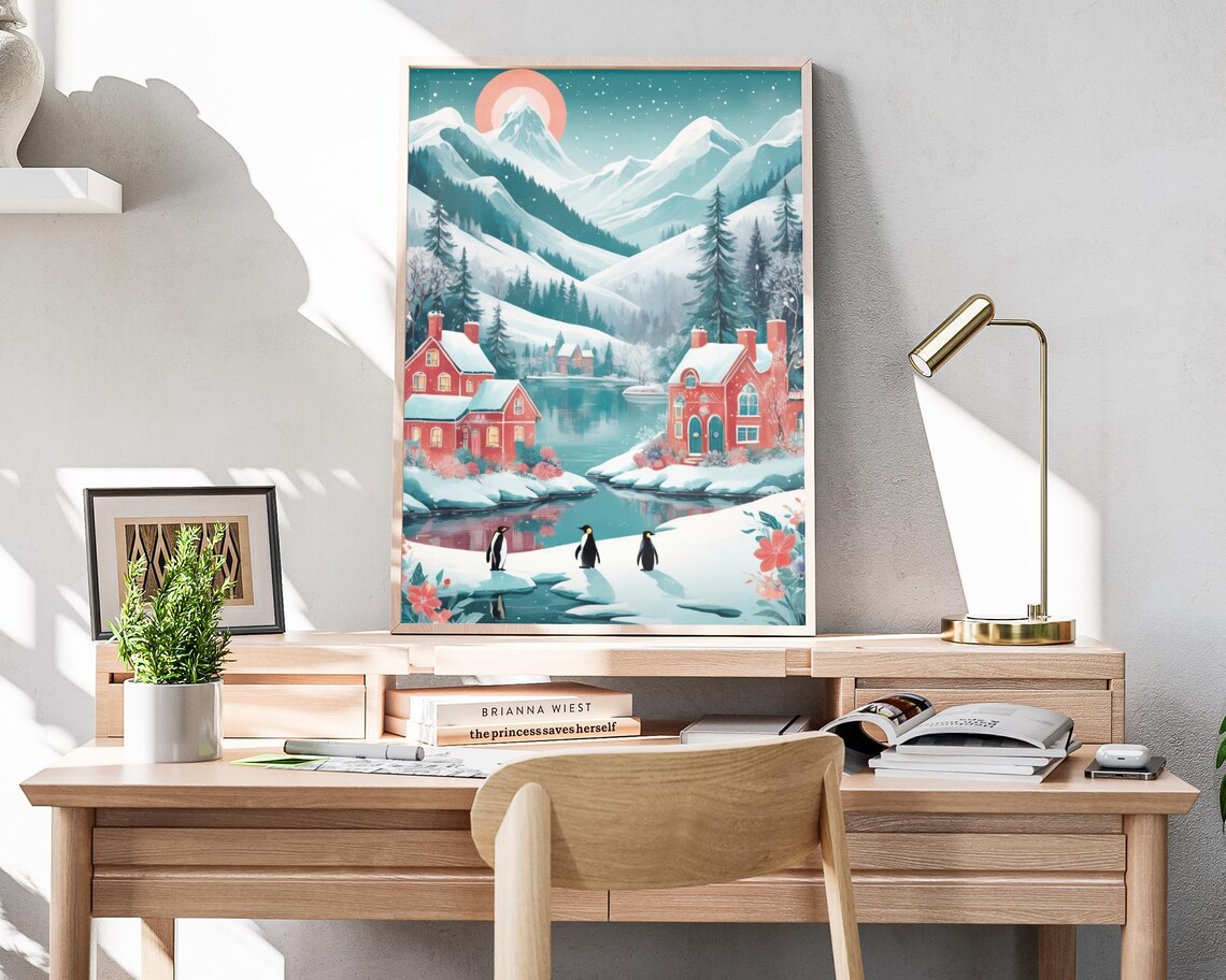 Penguins By Mountain Lake With Red Houses Winter Scene Art Poster - Image 4