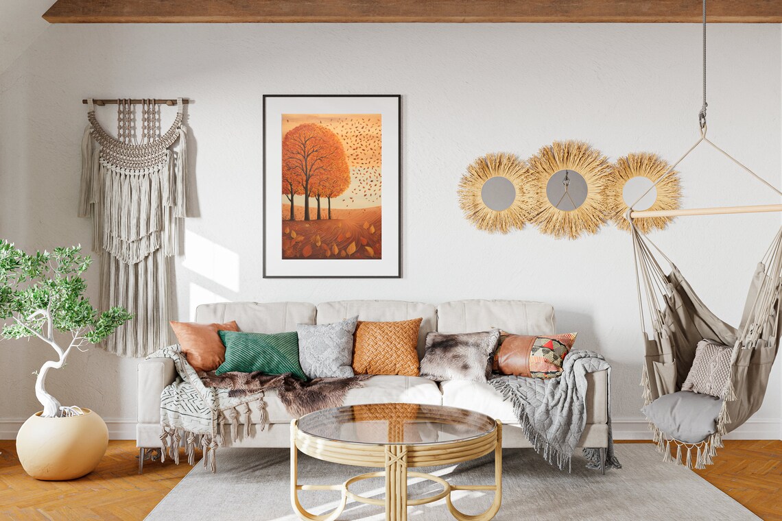 Golden Orange Autumn Trees Falling Leaves Hill Fall Art Poster - Image 2
