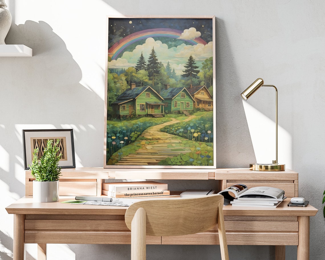 Rainbow Pine Forest Cabins Stone Path Whimsical Folk Art Poster - Image 4