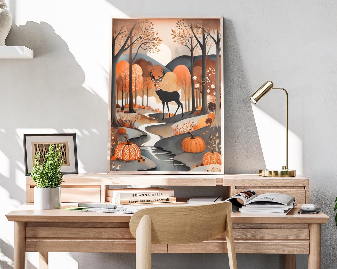Autumn Deer Forest Stream Pumpkin Path Wildlife Folk Art Poster - Image 4