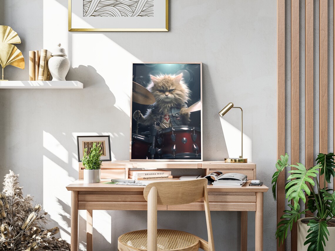 Fluffy Cat Playing Drums Rock Denim Vest Heavy Metal Music Poster - Image 4