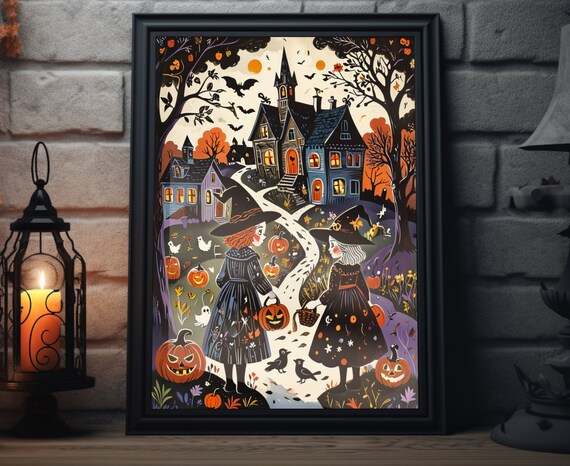 Halloween Witch Girls Pumpkins Haunted Mansion Folk Art Poster
