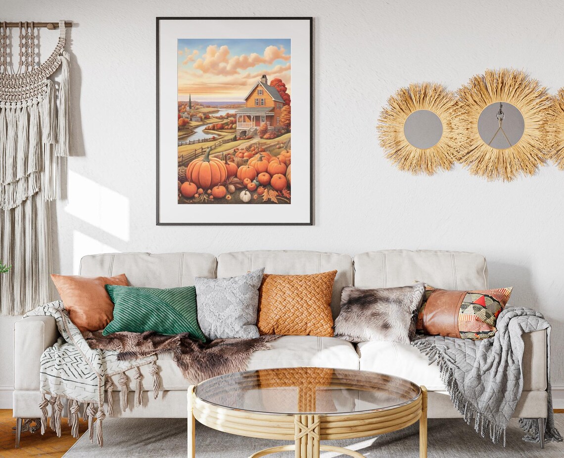 Sunset Farmhouse River Pumpkin Harvest Golden Fall Art Poster - Image 2