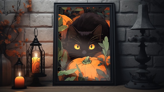 Halloween Black Cat Pumpkin Spooky Fall Night Art Poster Print