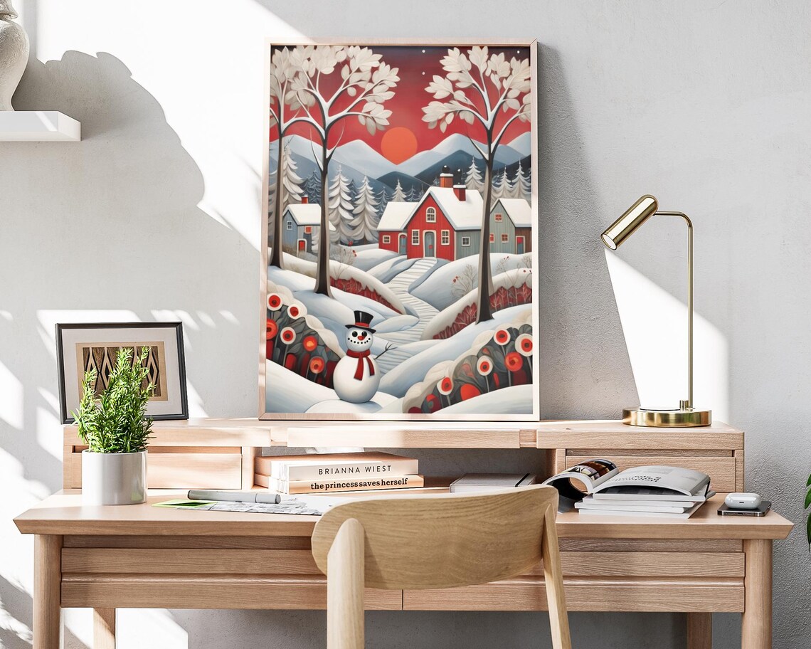 Cute Snowman Red Barn Snowy Village Sunset Christmas Art Poster - Image 4