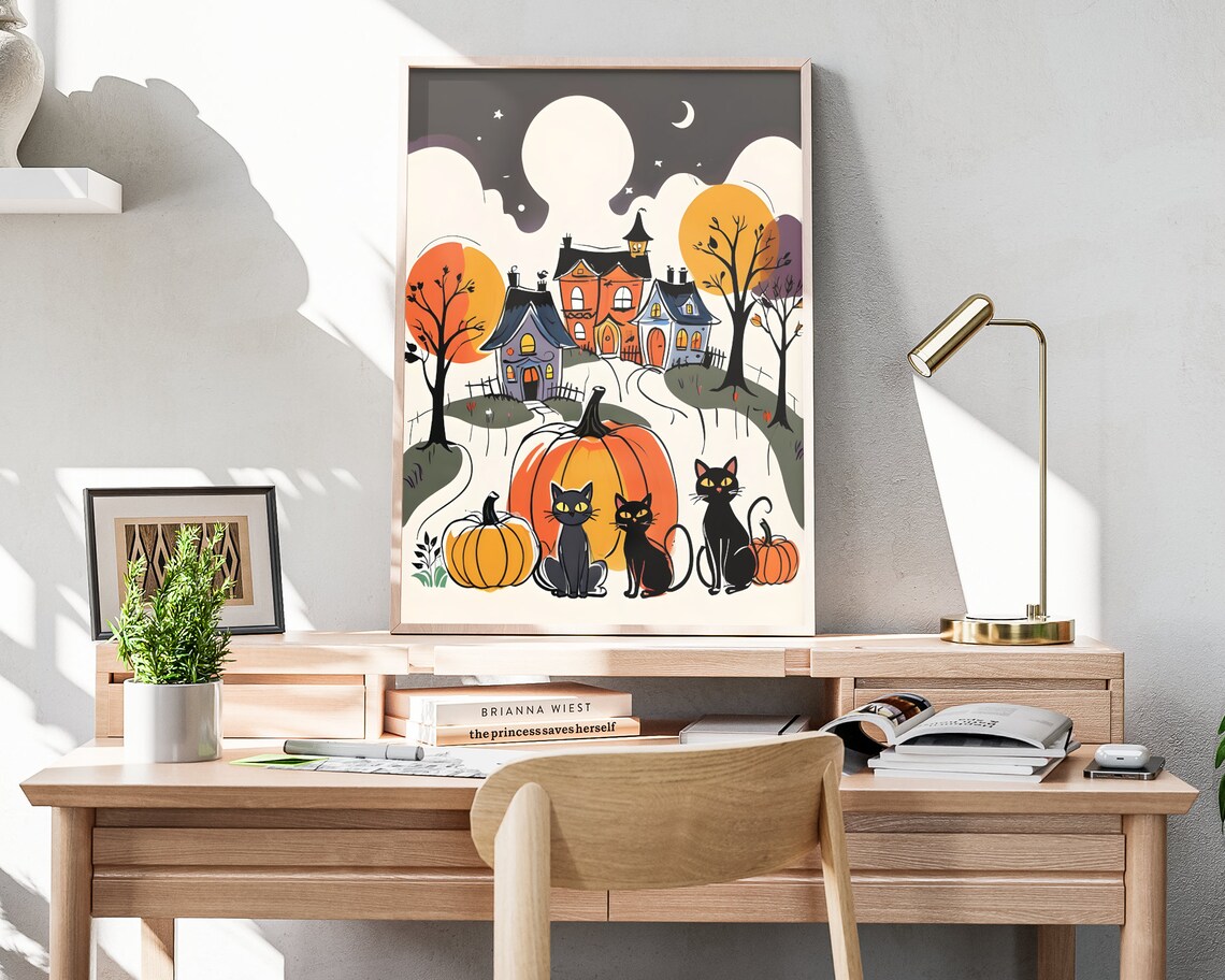 Cute Halloween Black Cats Pumpkins Haunted Houses Night Art Poster - Image 4