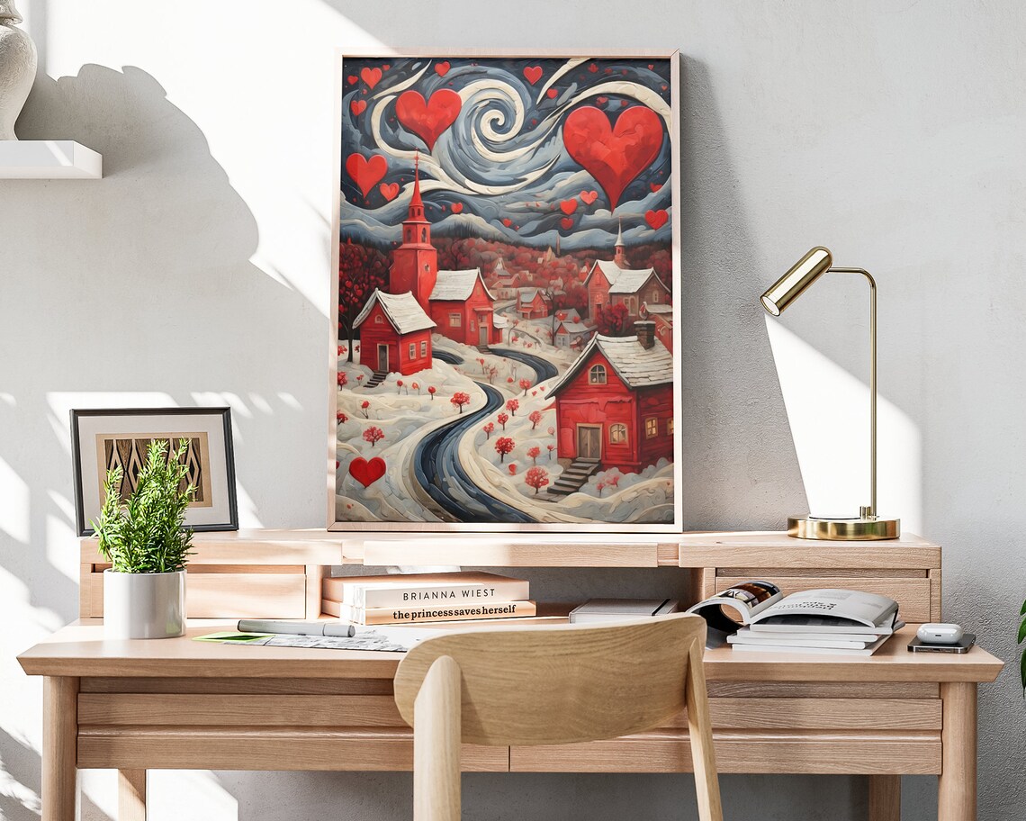 Valentines Starry Night Hearts Snowy Red Village Romantic Art Poster - Image 4