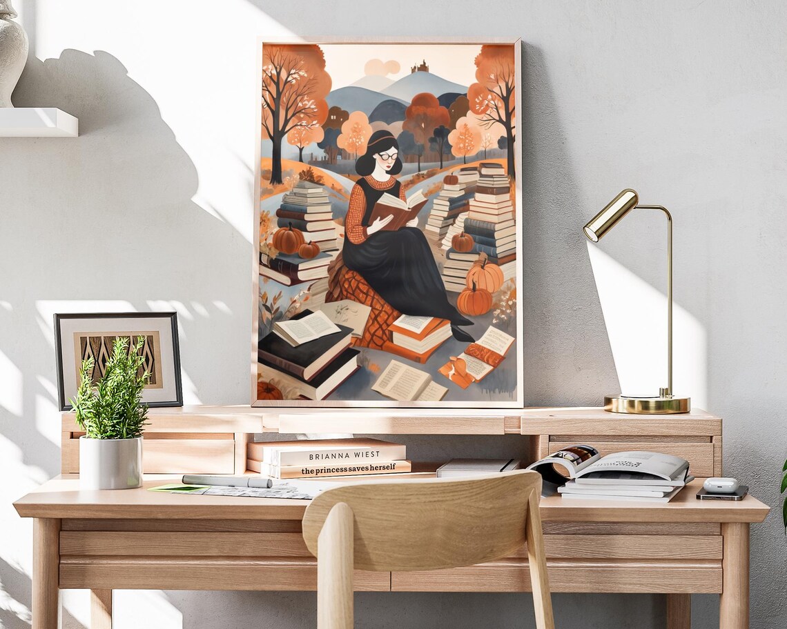 Woman Reading Book Towers Pumpkins Autumn Hills Fall Art Poster - Image 4