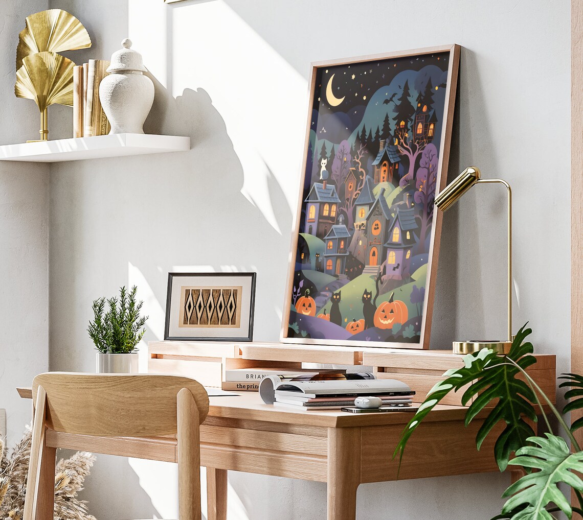 Halloween Night Town With Black Cats And Jack O Lanterns Wall Art Poster - Image 3