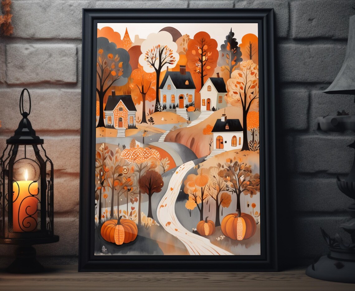 Autumn Town Pumpkins Orange Trees White Houses Winding Road Folk Poster