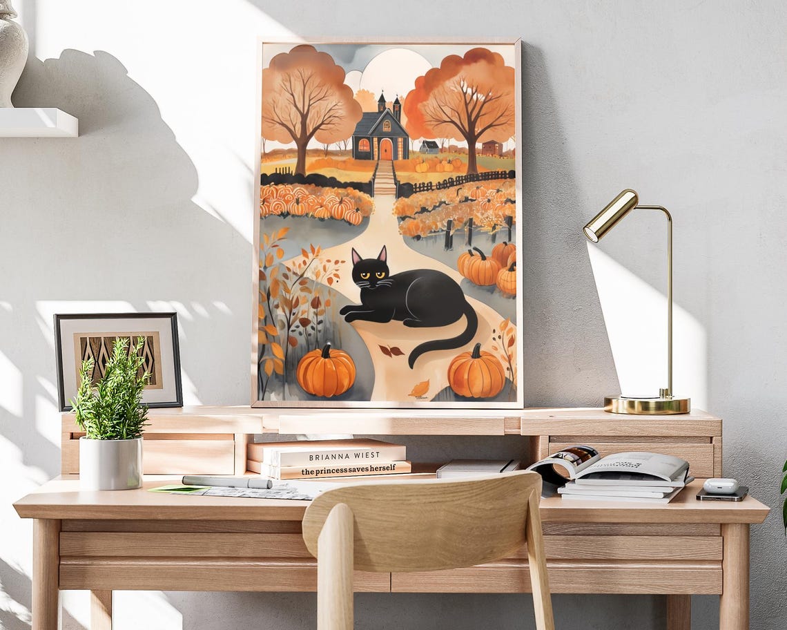 Black Cat Pumpkin Path Autumn Chapel Night Fall Folk Art Poster - Image 4