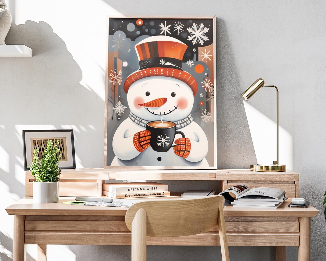 Cheerful Snowman Hot Cocoa Top Hat Snowflake Folk Art Poster - Image 4