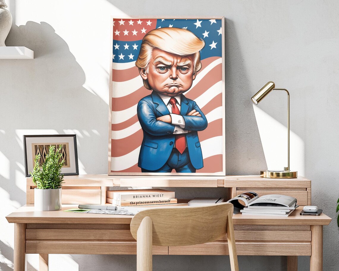 Donald Trump Caricature Stern Pose Waving American Flag Poster Art - Image 4