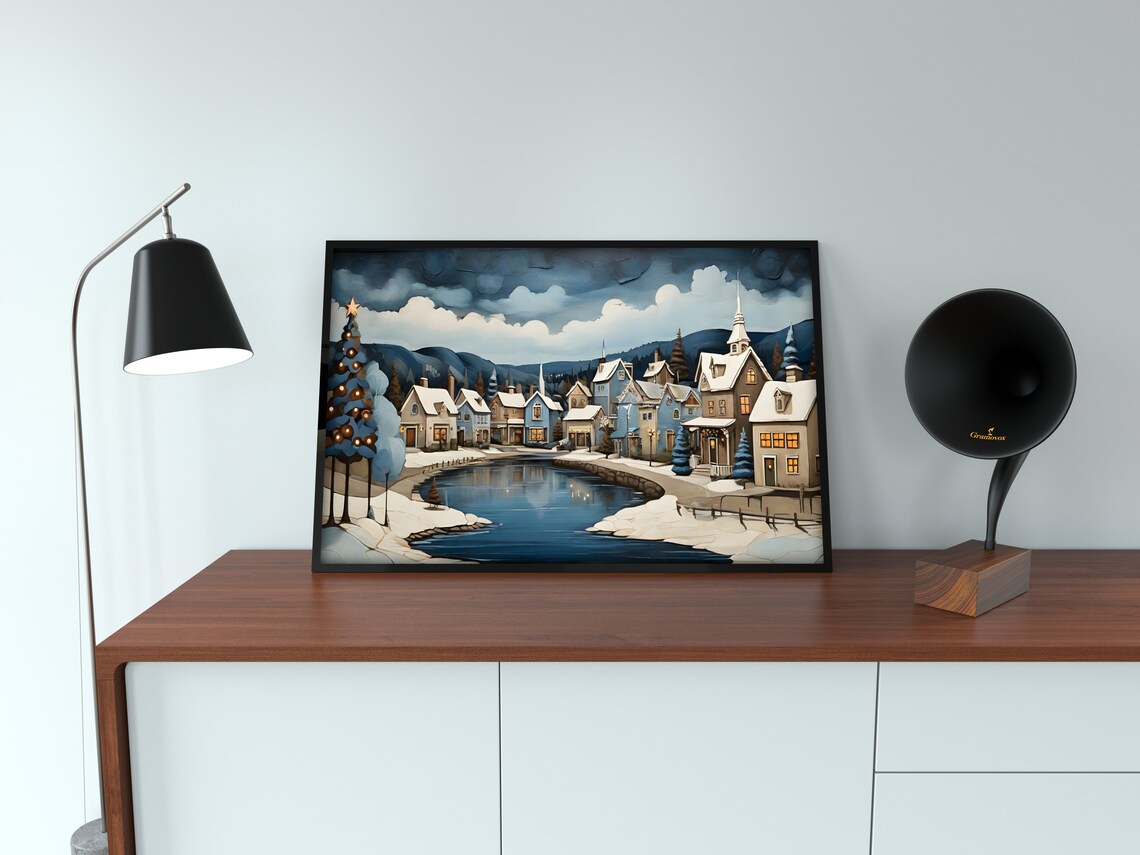 Snowy Christmas Village By Lake At Dusk Panoramic Wall Art Poster - Image 4