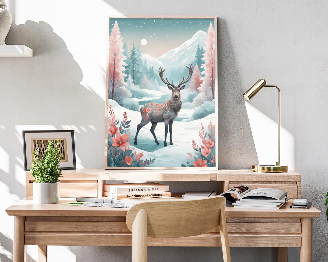 Floral Deer In Pastel Snowy Forest Winter Wonderland Art Poster - Image 4