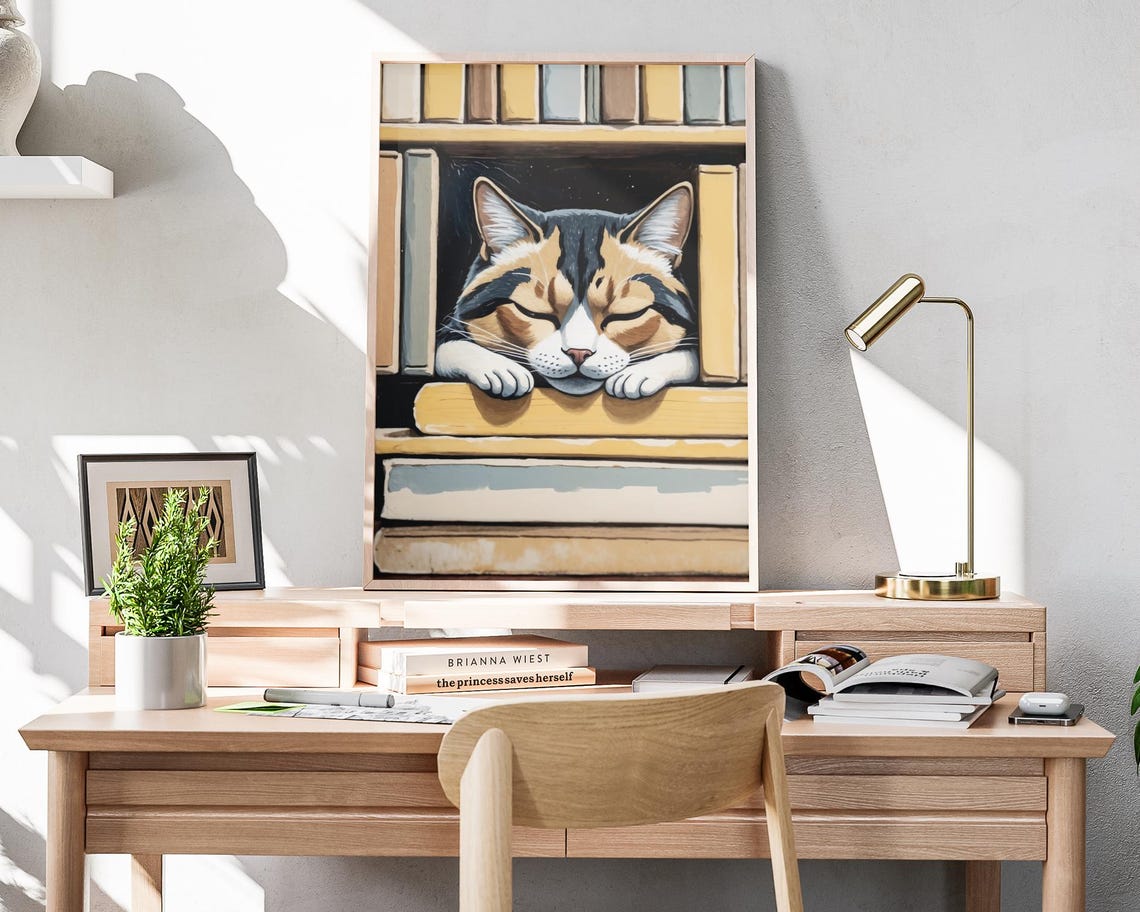 Sleeping Tabby Cat Bookshelf Books Cozy Bookworm Wall Art Poster - Image 4