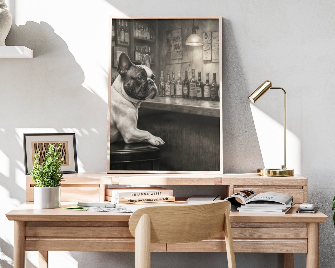 French Bulldog Leaning Paws On Bar Counter Black White Poster - Image 4