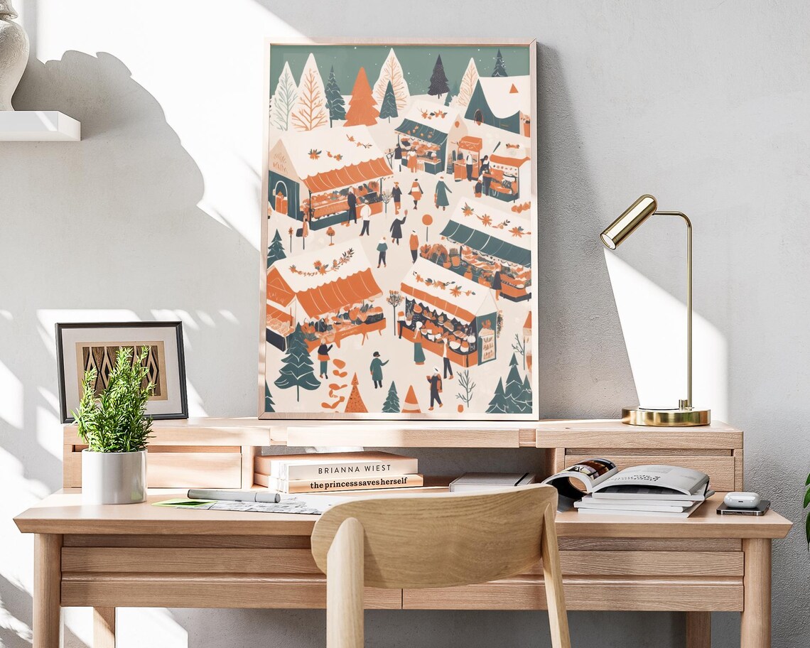 Boho Christmas Market Square Aerial View Snowy Stalls Holiday Poster - Image 4