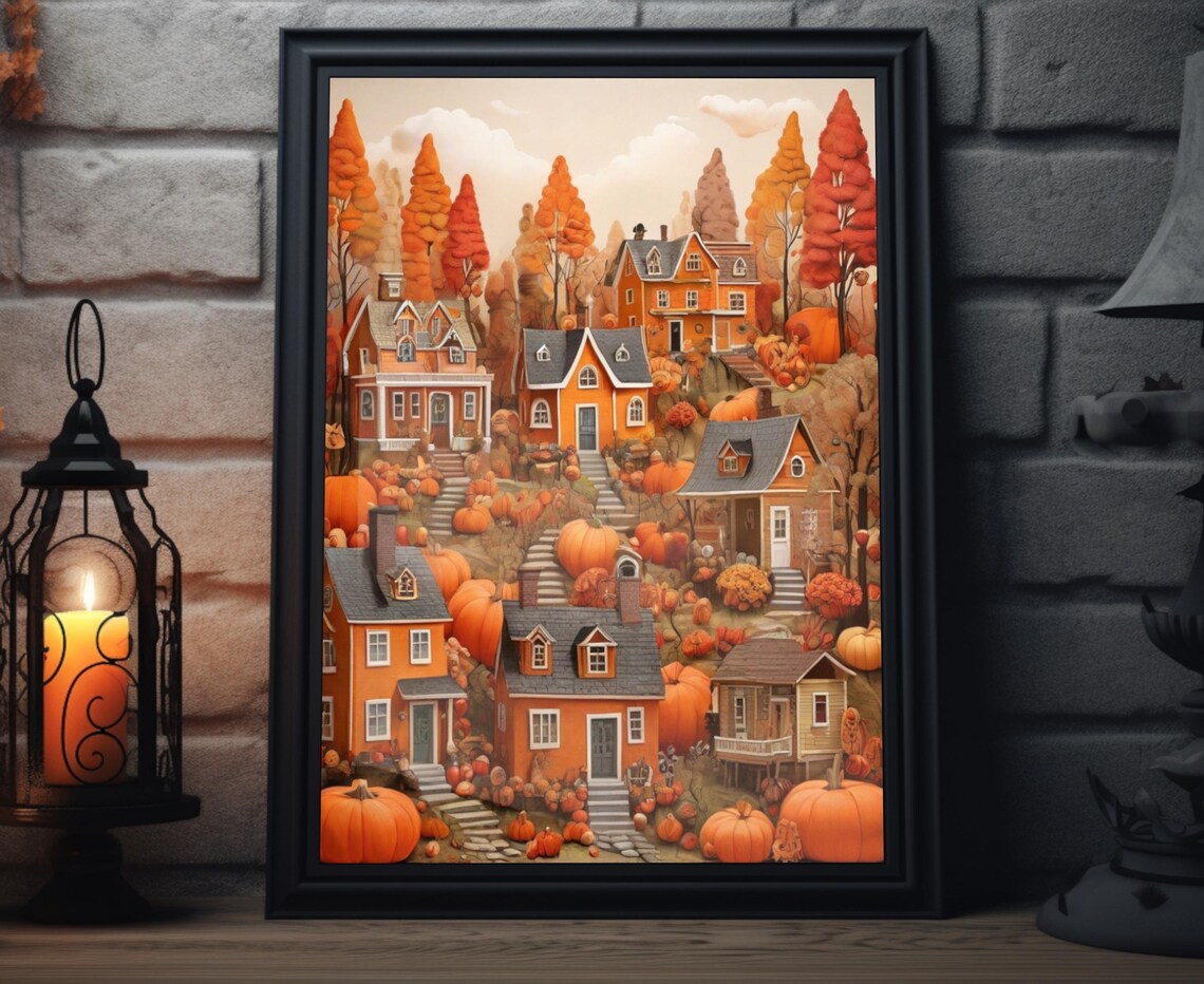 Autumn Town Hillside Cottages Giant Pumpkins Harvest Village Poster