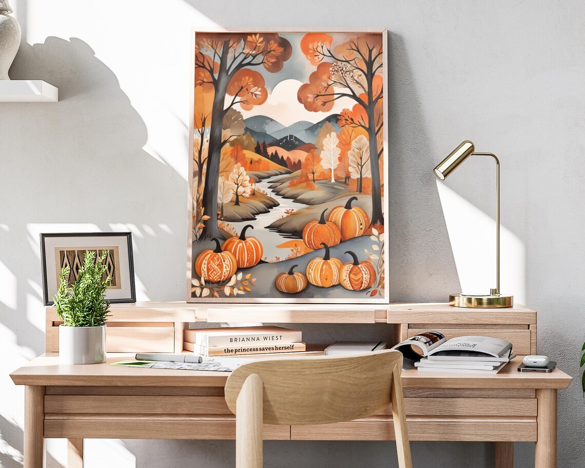 Fall Forest Folk Art Pumpkin River Valley Mountains Big Harvest Moon Poster - Image 4