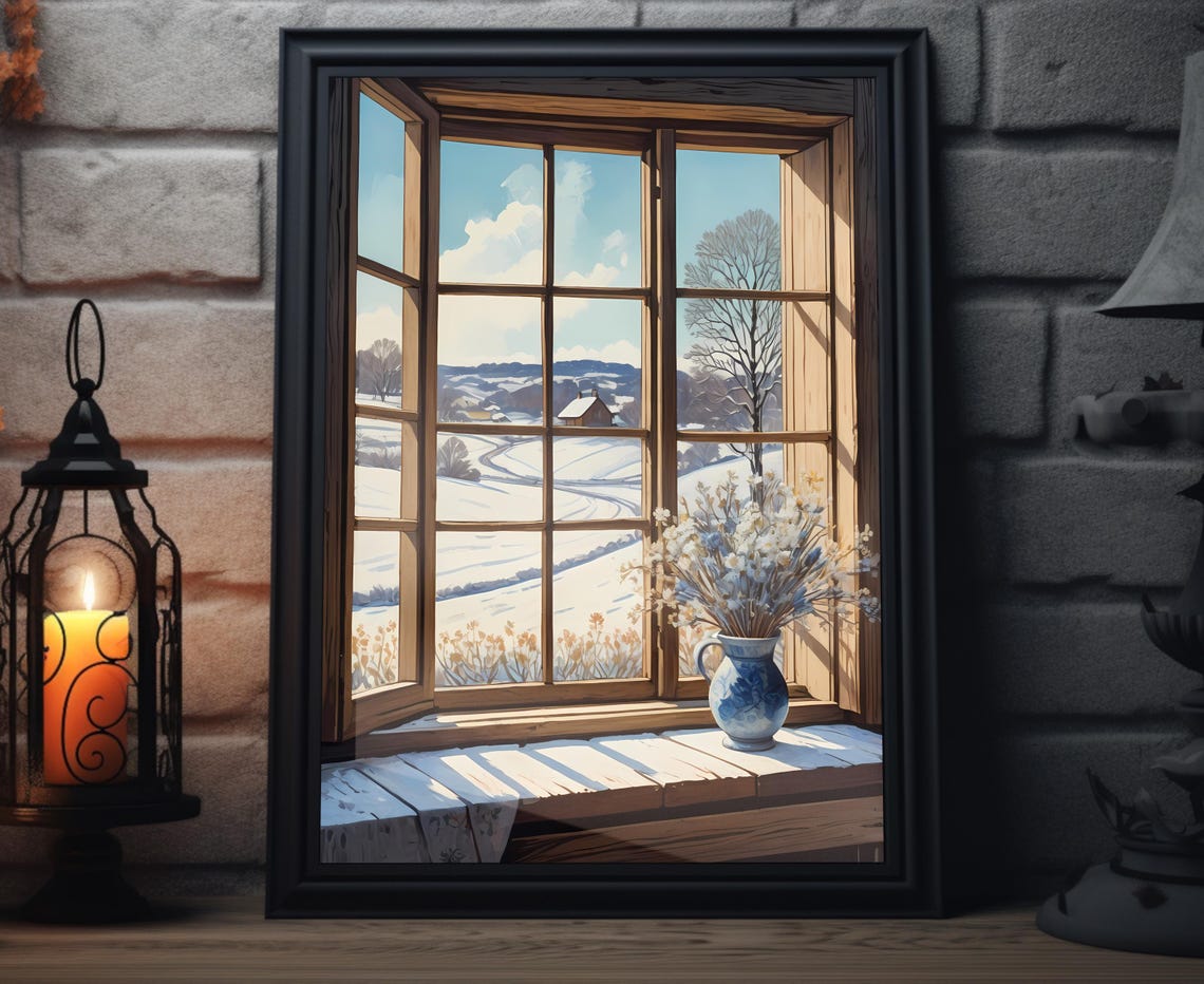 Snowy Countryside View Through Rustic Window Winter Art Poster