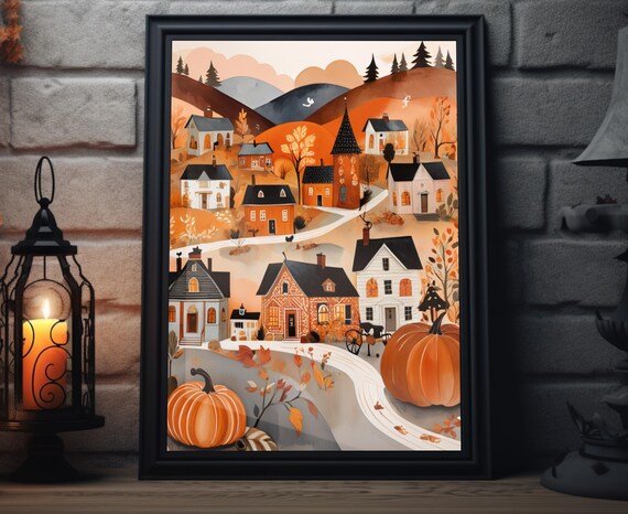 Autumn Village Folk Art Giant Pumpkins Orange Harvest Town Poster