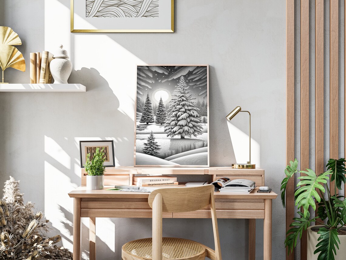 Black and White Winter Forest Snowy Pine Trees Moonlit Night Poster - Image 4