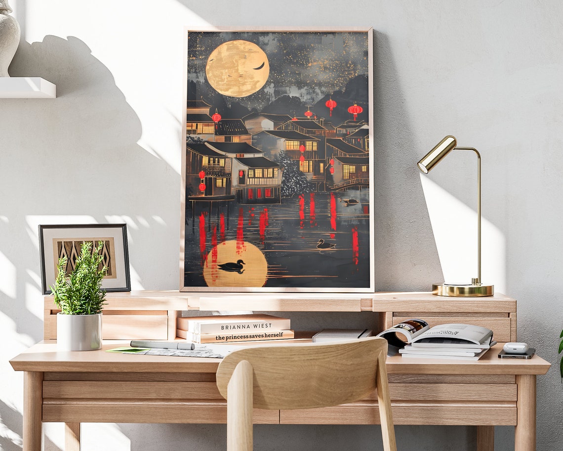 Chinese Red Lanterns Full Moon Riverside Town Night Art Poster - Image 4