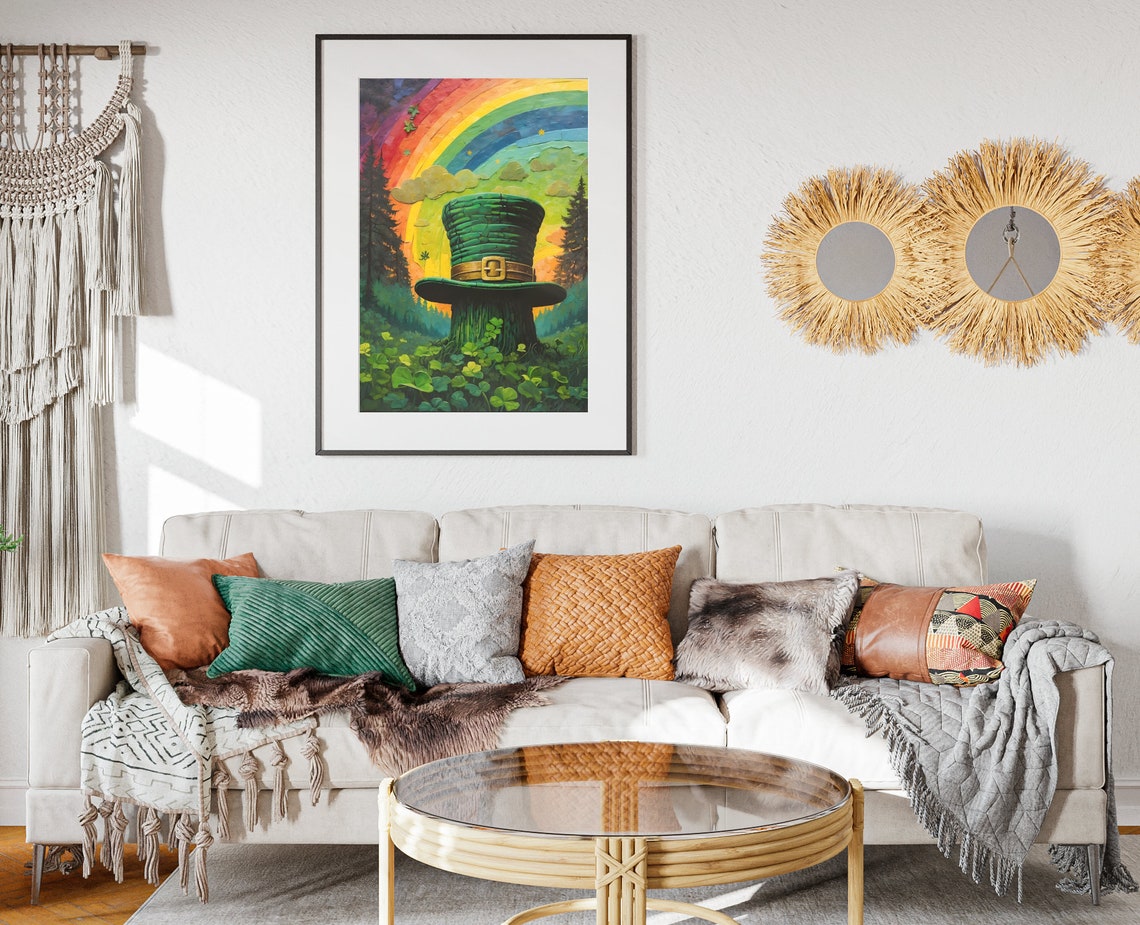 St Patricks Day Giant Leprechaun Hat Shamrock Field Rainbow Sky Print - Image 2
