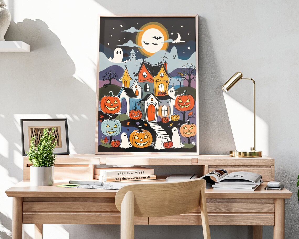 Spooky Halloween Town Under Full Moon Ghosts Pumpkins Art Poster - Image 4
