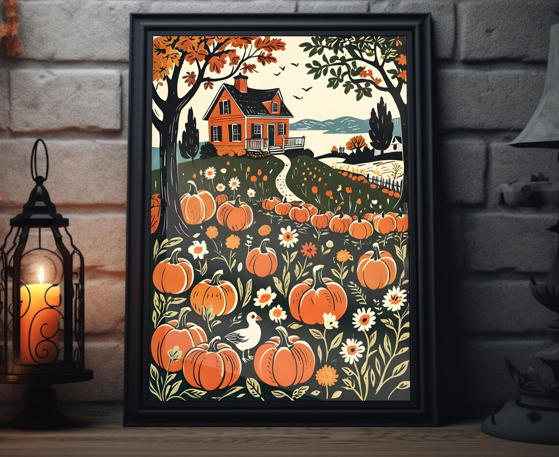 Orange Farmhouse On Hill Surrounded By Pumpkin Patch Autumn Folk Art Poster