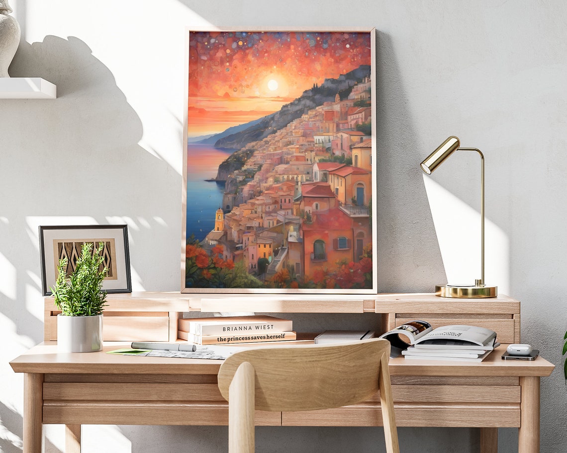 Italy Starry Sunset Matte Wall Art Italian Lakeview Artwork Coastal City Print Italian Painting Italian Decor Italy Folk Art Poster - Image 3